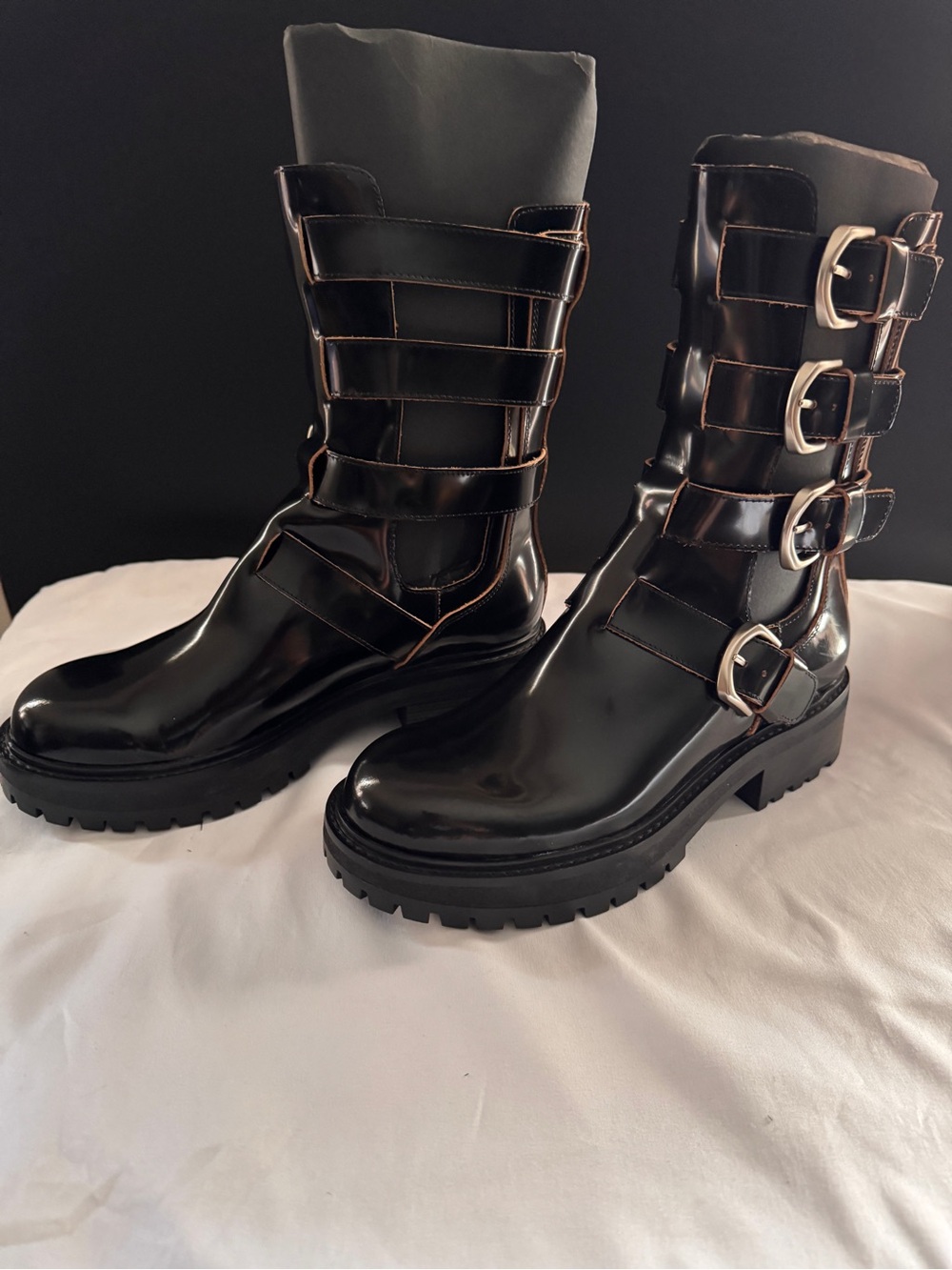 Zara Glossy Black Buckled Lug-Sole Combat Boots